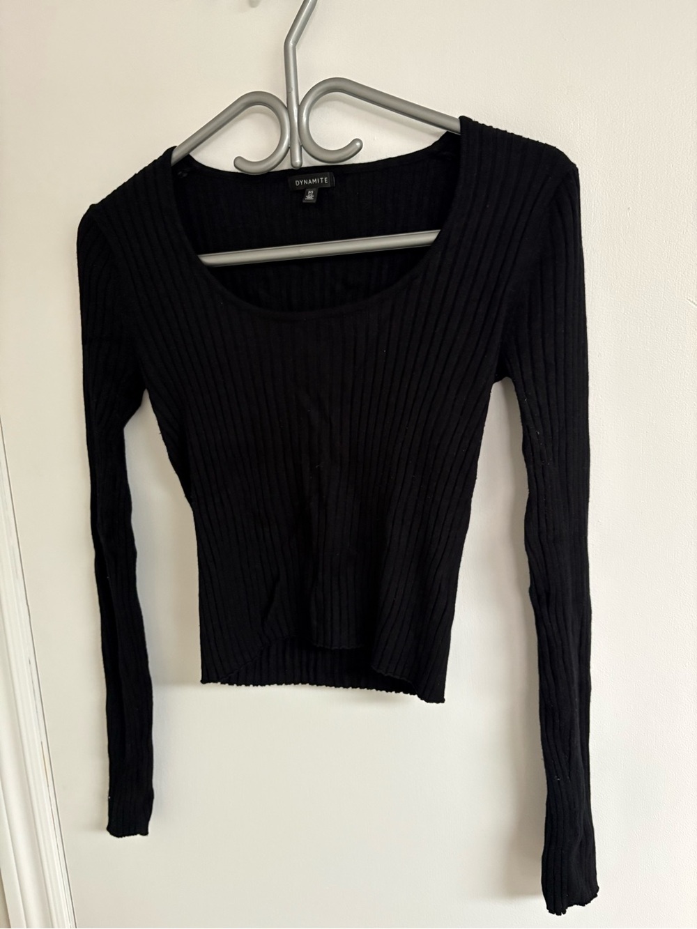 Dynamite Black Ribbed Scoop-Neck Long Sleeve Top
